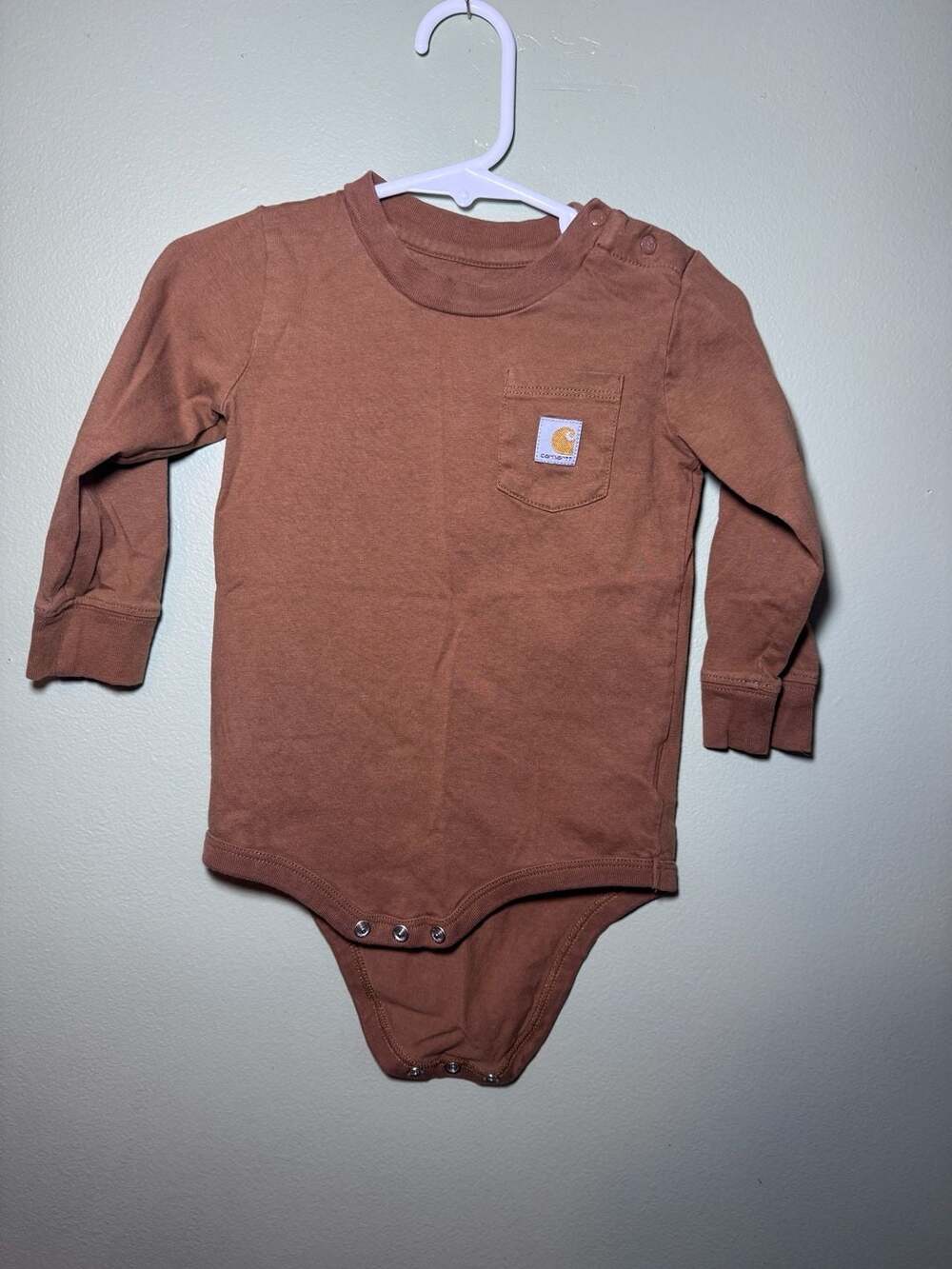 Carhartt Baby 18M Brown Long Sleeve Pocket Bodysuit One Piece TK5002 Cotton